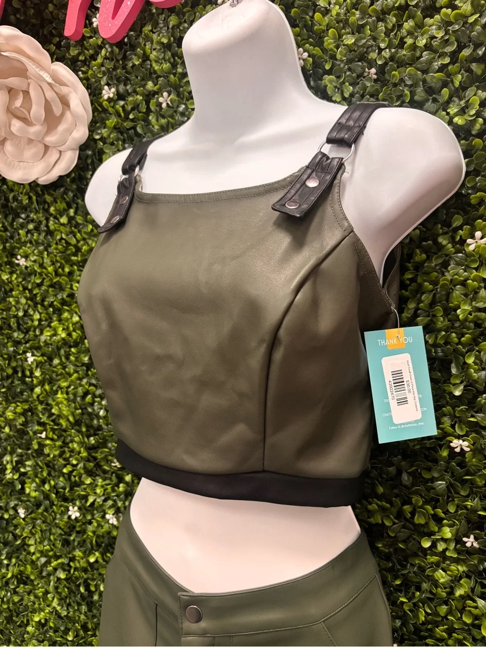 Weissman Olive Green Faux Leather Cargo Jumpsuit Set - Kids